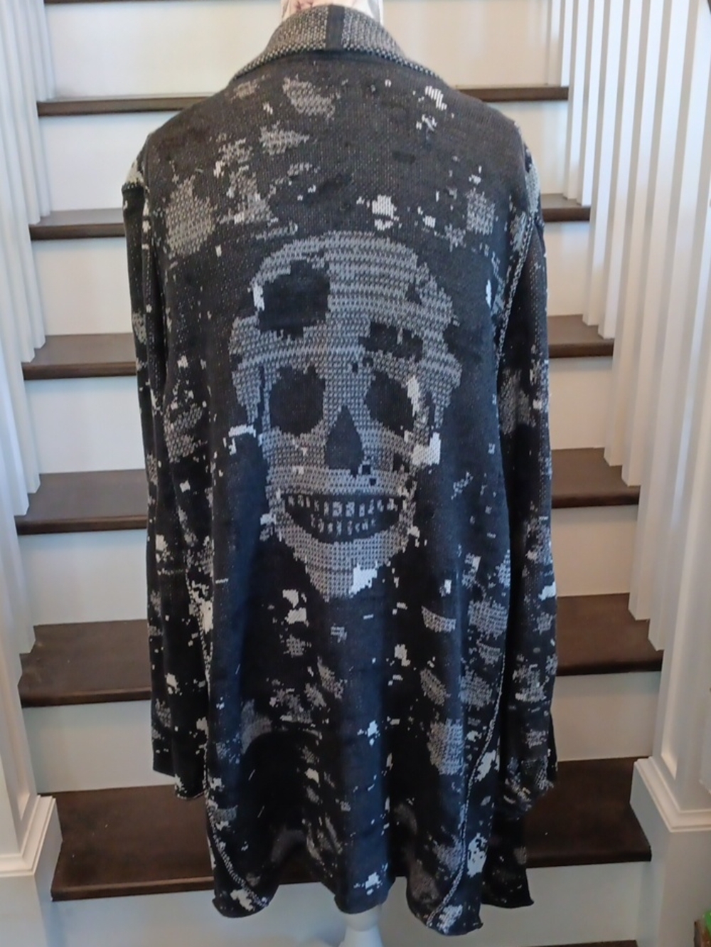 + Skull Cashmere Black & Gray Skull Knit Open-Front Cardigan